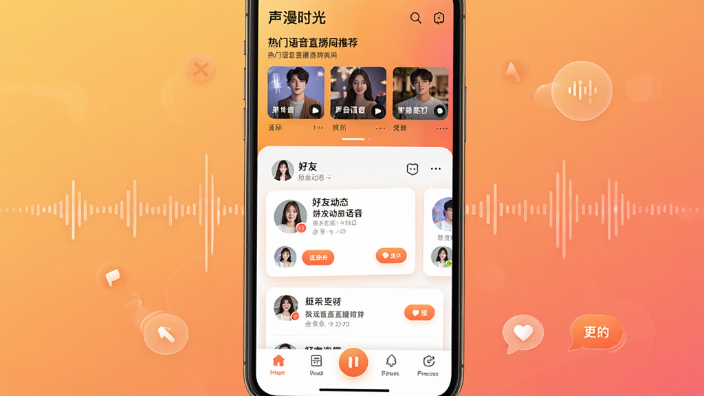 一张展示声漫时光APP核心界面的高清宣传图,画面主体为手机屏幕内展示的丰富声音社交板块,布局清晰,上方是热门语音直播房间推荐,中间是好友动态语音卡片,下方是功能导航栏,整体风格现代简约,采用温暖的渐变色背景,细节上突出音频波形元素与互动按钮,画质细腻,干净无多余元素