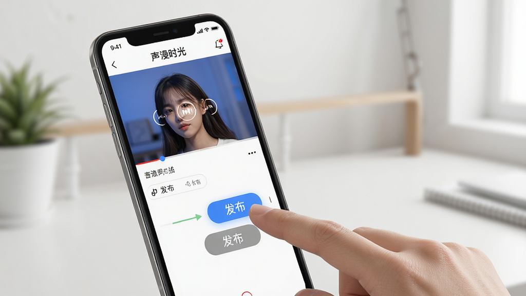 声漫时光APP在手机桌面上运行的操作示意图,画面主体为一部智能手机,屏幕内清晰显示APP主界面,旁边有手指正在点击“发布”按钮,布局直观,排版清晰,风格写实,细节上强调用户正在使用应用进行语音录制,背景为简洁的室内环境,画质高清干净,无多余元素