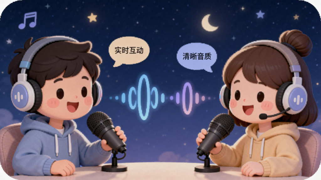 声漫时光APP实时连麦功能的使用场景图,画面主体为两个卡通人物通过耳机和麦克风进行语音对话,中间有清晰的声波连接线条,布局左右对称,风格可爱温馨,细节上突出“实时互动”与“清晰音质”的特点,背景为星空夜色,画质柔和干净,无多余元素
