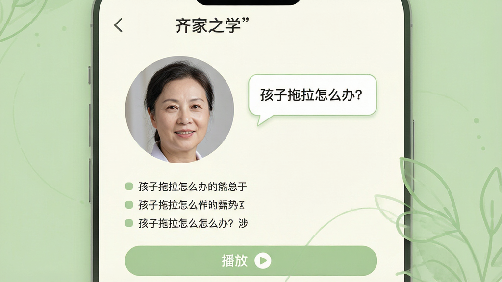 一张“齐家之学”APP内专家访谈页面的设计图,画面主体为一位中年女专家头像,旁边有对话气泡,气泡内显示“孩子拖拉怎么办?”字样,下方有要点列表,页面底部有“播放”按钮,整体采用米白色背景,搭配淡绿色点缀,排版清爽,画质细腻,无多余元素