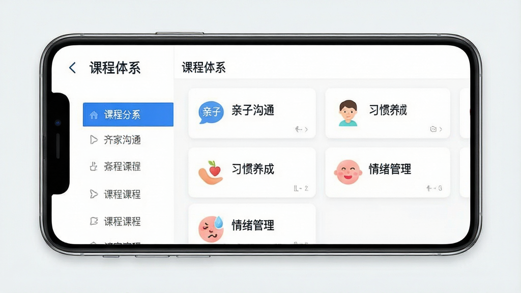 一张展示“齐家之学”APP课程列表的手机截图风格图片,手机屏幕居中,界面显示“课程体系”页面,左侧有分类导航,右侧是课程卡片,卡片上标注“亲子沟通”“习惯养成”“情绪管理”等字样,每张卡片配有小图标,整体界面简洁,白底蓝字,排版整齐,画质高清,无多余元素