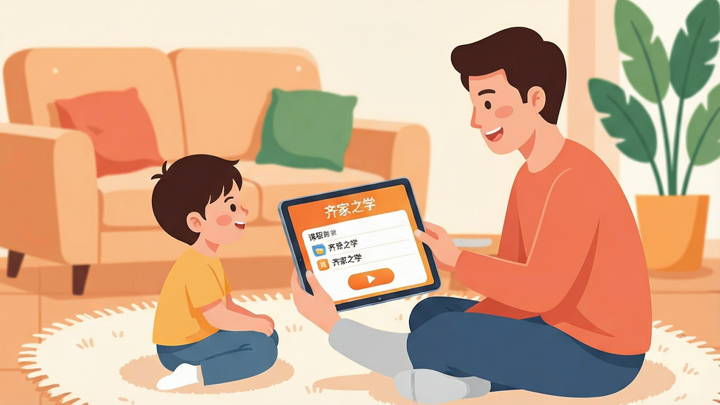 一幅现代家庭教育场景的插画,画面中央是一对父母与孩子围坐在客厅地毯上,父母手持平板电脑,屏幕显示“齐家之学”APP界面,界面以暖橙色为主色调,上方有课程列表和播放按钮,父母面带微笑,孩子专注观看,背景是温馨的沙发和绿植,整体风格扁平化,色彩明亮柔和,排版干净,画质清晰,无多余元素