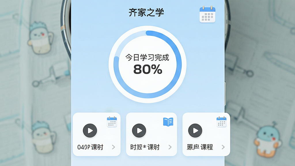 一张“齐家之学”APP学习计划页面的概念图,画面中央是一个圆环进度图,显示“今日学习完成80%”,下方排列着三节小课程卡片,每张卡片有播放图标和时长,右上角有日历图标,整体界面采用浅蓝色背景,白色卡片,圆角设计,风格现代,画质干净,无多余元素