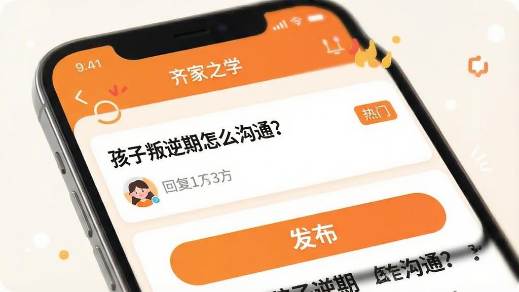 一张“齐家之学”APP社区讨论区的界面示意图,手机屏幕中显示帖子列表,首条帖子标题为“孩子叛逆期怎么沟通?”,下方有用户头像和回复数,右侧有“热门”标签,底部有发布按钮,整体色调为暖白与橙色相间,排版活泼,画质清晰,无多余元素