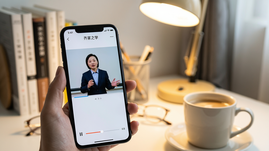一张手机使用齐家之学APP的实拍场景照片,手机屏幕清晰显示课程播放界面,背景是书桌与台灯,手机旁有一杯咖啡,画面明亮,对焦于屏幕,屏幕中显示讲师讲课画面,底部有进度条,整体风格写实,画质清晰,无多余元素