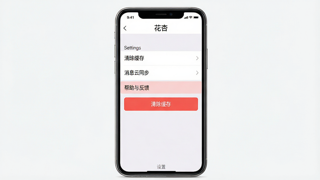 主体:一部智能手机竖屏显示花杏APP的“设置”页面,页面中有“清除缓存”、“消息云同步”、“帮助与反馈”几个选项列表。布局:手机居中,屏幕内容清晰可见。排版:界面截图风格。风格:扁平化UI,白底黑字,强调“清除缓存”按钮为红色。细节:屏幕上方有“花杏”字样,下方有“设置”小字。画质:高清,干净。