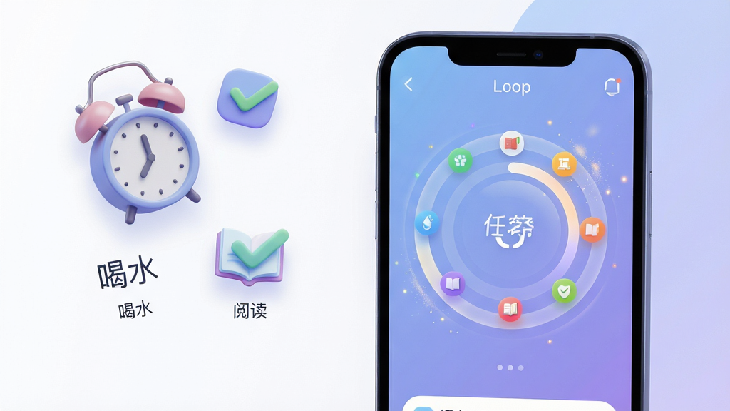 主体:智能手机屏幕展示Loop应用主界面,界面以柔和的蓝紫色渐变为主色调,中央显示一个圆形的任务进度环,环上分布着不同颜色的小图标代表各类习惯任务。布局:手机位于画面中心偏右,左侧留白处有漂浮的3D风格闹钟和勾勾图标。排版:界面简洁清晰,任务名称以优雅的无衬线字体呈现,下方有“喝水”、“阅读”等中文标签。风格:现代扁平化结合轻微拟物质感,光影柔和,整体氛围宁静而积极。细节:屏幕中进度环的光泽细腻,任务完成时有粒子特效,画面干净无多余元素,画质为4K高清渲染。