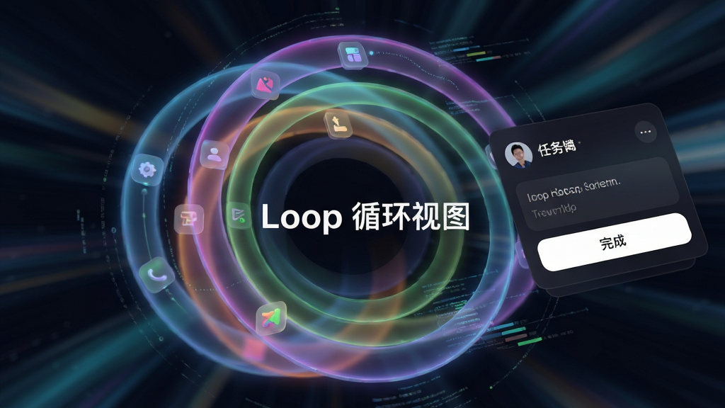 主体:Loop应用“循环视图”功能的特写,画面展示一个深色模式下的界面,多个半透明的彩色圆环相互交错,每个环上有一个小图标。布局:圆环以画面中心为圆心向外扩散,近大远小,形成纵深感。排版:界面右侧有卡片弹出,显示任务详情与完成按钮,文字为白色。风格:具有未来感的科技风格,动态模糊背景,光线追踪渲染。细节:圆环边缘有发光效果,数据流动线条,图片中打文字“Loop 循环视图”。画质:8K超清,干净,无多余元素。