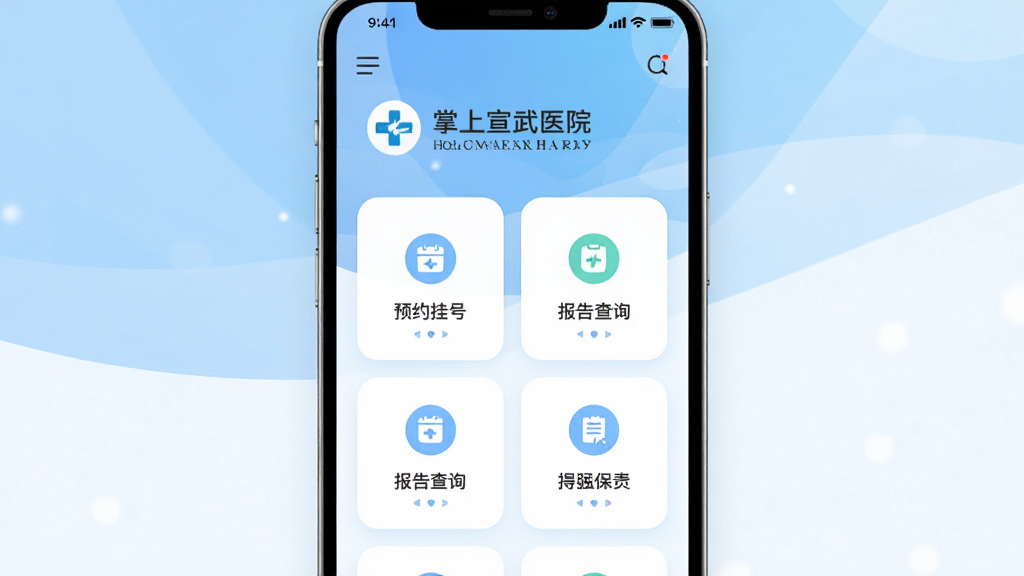 画面主体为智能手机屏幕展示掌上宣武医院APP主界面,界面清晰显示预约挂号、报告查询等图标,背景为柔和渐变的医疗蓝白色调,布局采用对称居中构图,排版简洁现代,风格为扁平化UI设计展示图,细节包括医院Logo与功能模块圆角卡片,画质高清干净,无多余元素。