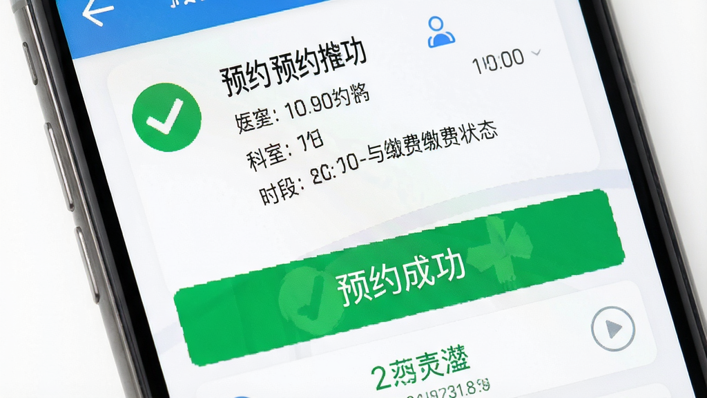 画面主体为预约挂号成功界面截图,显示医生姓名、科室、就诊时段与缴费状态,背景为手机UI界面,布局以上下结构排列信息,排版清晰有层次,风格为写实的手机屏幕展示,细节包含绿色对勾图标与“预约成功”字样,画质干净明亮,无多余元素。