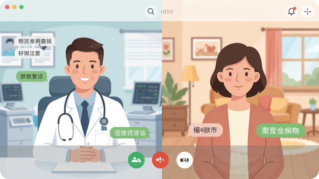 画面主体为视频问诊通话界面,医生与患者分屏显示,背景为医疗诊室与家庭环境,布局为左右分屏结构,排版自然真实,风格为场景插画与UI结合的风格,细节包含聊天气泡与功能按钮,画质柔和清晰,无多余元素。