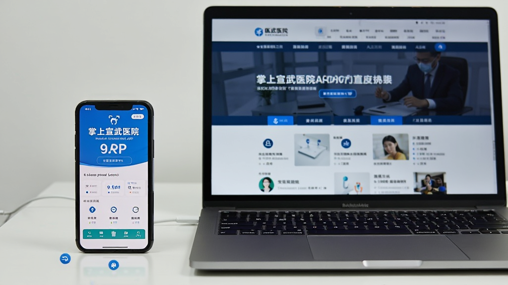 画面主体为一部手机与一台笔记本电脑并排摆放,手机屏幕显示掌上宣武医院APP,电脑屏幕显示医院官网,背景为简洁书桌,布局为左右呼应构图,排版整洁,风格为实拍照片风格,细节体现双端同步概念,画质清晰自然,无多余元素。
