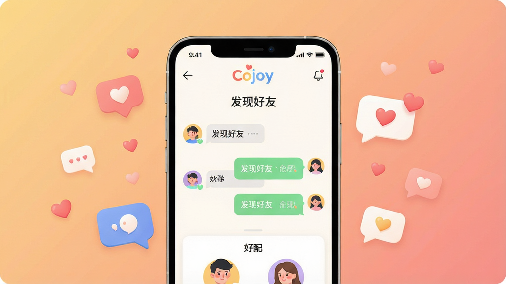 主体:Cojoy社交软件界面展示,手机屏幕显示聊天和匹配页面,背景是温暖渐变色。布局:手机居中,周围有悬浮的心形和气泡图标。排版:干净整洁,界面元素清晰可见。风格:现代简约,年轻化,扁平插画风。细节:屏幕内显示“Cojoy”logo和“发现好友”字样,气泡上有小爱心。画质:高清渲染,色彩柔和,干净无多余元素。