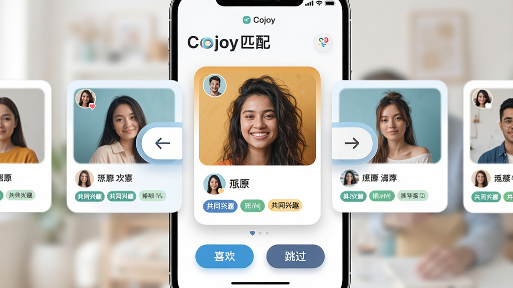 主体:Cojoy应用的智能匹配功能页面,展示多个用户卡片。布局:卡片横向排列,中心卡片突出显示。排版:左滑右滑操作提示,底部有“喜欢”和“跳过”按钮。风格:清爽明亮,UI时尚。细节:卡片上有用户头像、昵称和共同兴趣标签,顶部有“Cojoy匹配”字样。画质:高分辨率,细节丰富,背景虚化干净。