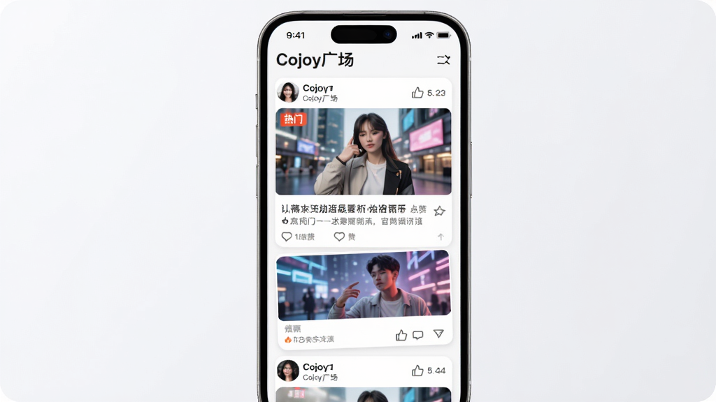 主体:Cojoy动态广场的信息流页面。布局:手机屏幕纵向展示多条动态卡片。排版:卡片包含图片、文字和互动按钮。风格:简洁时尚,符合年轻人审美。细节:屏幕顶部有“Cojoy广场”标题,卡片上有“热门”标签和点赞数。画质:高清,光线充足,画面干净。
