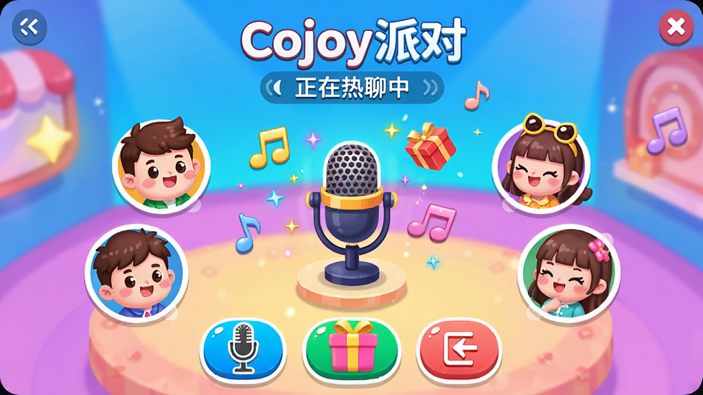 主体:Cojoy的语音派对房间界面。布局:房间内多个卡通头像围绕中心话筒排列。排版:下方有麦克风、礼物、退出按钮。风格:活泼可爱,色彩鲜艳。细节:界面显示“Cojoy派对”和“正在热聊中”,有音符和礼物特效。画质:清晰明亮,无多余元素。