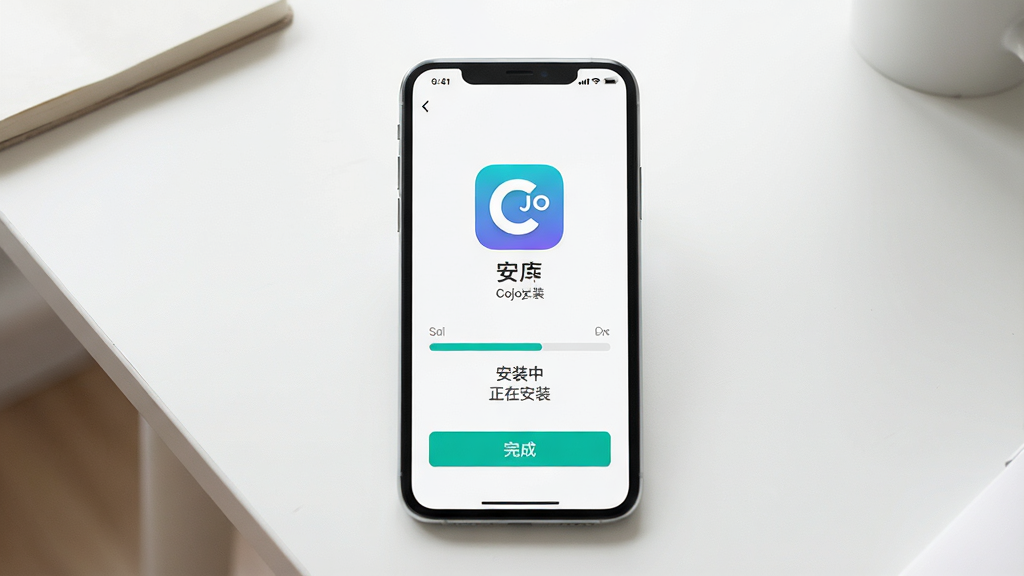 主体:Cojoy应用在手机上的安装界面,显示进度条和“完成”按钮。布局:手机屏幕中央是应用图标和名称,下方有安装进度。排版:简洁清晰,有“安装中”字样。风格:真实摄影风格,光线自然。细节:屏幕显示“Cojoy”图标和“正在安装”提示,周围桌面整洁。画质:高清,干净无多余元素。