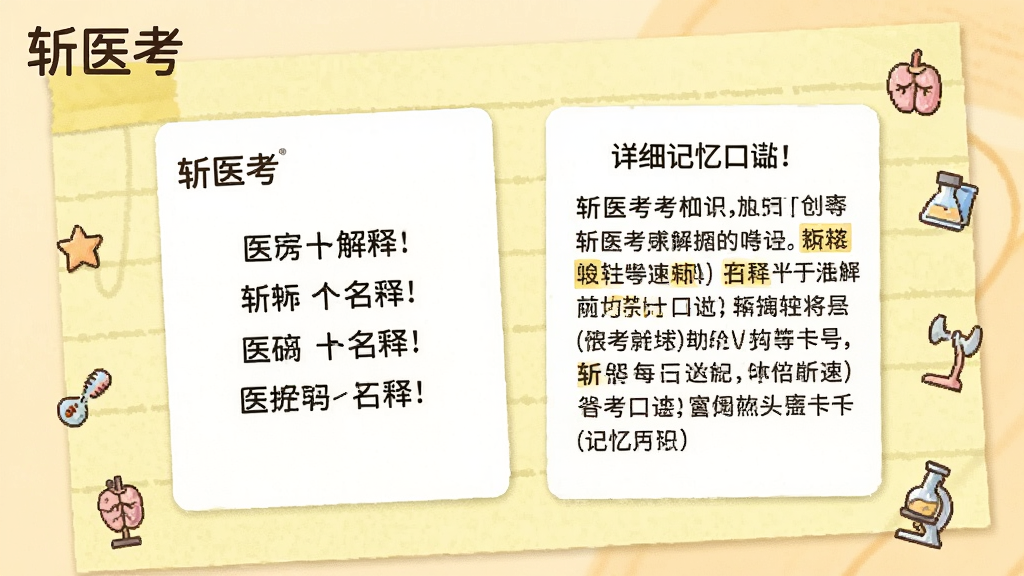 展示斩医考速记卡片学习界面,卡片正面展示医学名词解释,背面显示详细记忆口诀,卡片左上角带有“斩医考”水印,背景为淡黄色便签风格,周围点缀小图标,整体温馨且专注,画质干净,无多余元素