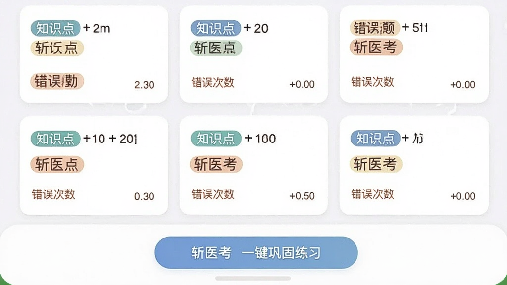 展示斩医考错题本界面,页面中列出多道错题卡片,每张卡片标注知识点标签与错误次数,底部有“斩医考”一键巩固练习按钮,界面采用卡片式布局,色彩柔和,画质清晰,无多余元素