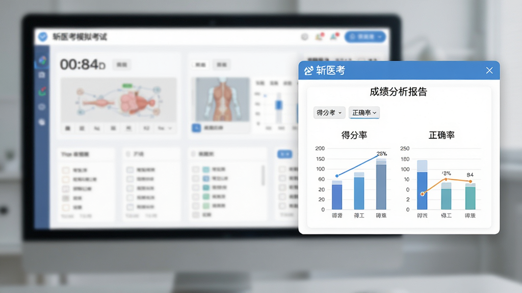 展示斩医考模拟考试界面,屏幕上显示倒计时和答题卡,右侧弹出“斩医考”成绩分析报告弹窗,包含得分率与正确率图表,背景虚化处理,突出数据面板,风格专业且现代,画质干净,无多余元素