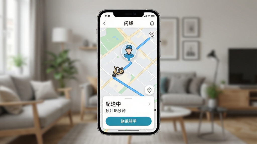 主体:闪蜂app的订单追踪界面,手机屏幕上显示地图与配送员头像图标,底部有订单状态卡片。布局:手机竖屏居中,背景为模糊的室内环境,突出屏幕内容。排版:地图占屏幕上方三分之二,底部卡片显示“配送中”、“预计15分钟”等文字。风格:简洁现代,地图为浅色系,路线用蓝色线条高亮。细节:配送员图标带小电动车,卡片上有“联系骑手”按钮。画质:高清,画面干净,聚焦屏幕。