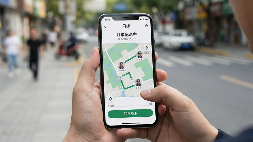 主体:用户手持手机使用闪蜂app的场景,屏幕显示订单配送中界面,背景为户外街道。布局:人物手部特写,手机屏幕清晰可辨。排版:手机屏幕内容占据画面中心,背景虚化。风格:写实生活摄影风格,自然光。细节:屏幕地图上显示骑手头像与路线,底部有“联系骑手”按钮。画质:高清晰度,背景干净。