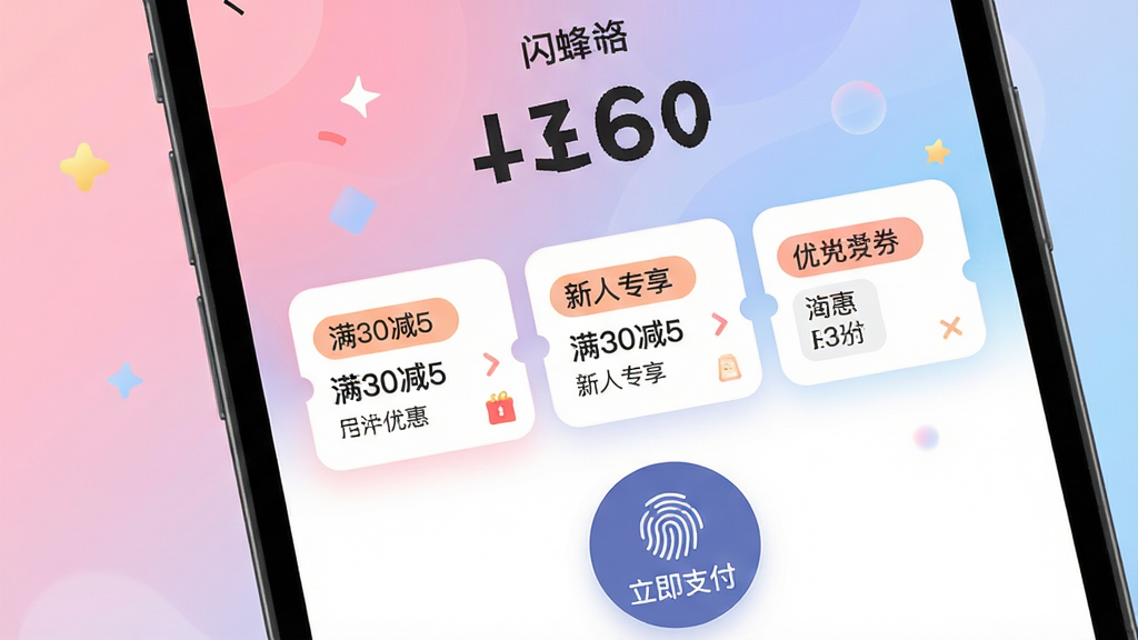 主体:闪蜂app的支付与优惠页面,手机屏幕上显示订单金额、优惠券列表和支付按钮。布局:手机屏幕特写,背景为柔和渐变粉蓝色。排版:订单金额数字大写居中,下方横向排列可用优惠券,底部为“立即支付”圆形按钮。风格:清新活泼,卡片圆角化。细节:优惠券上标注“满30减5”、“新人专享”等字样,支付按钮带指纹图标。画质:细腻,干净,无多余元素。