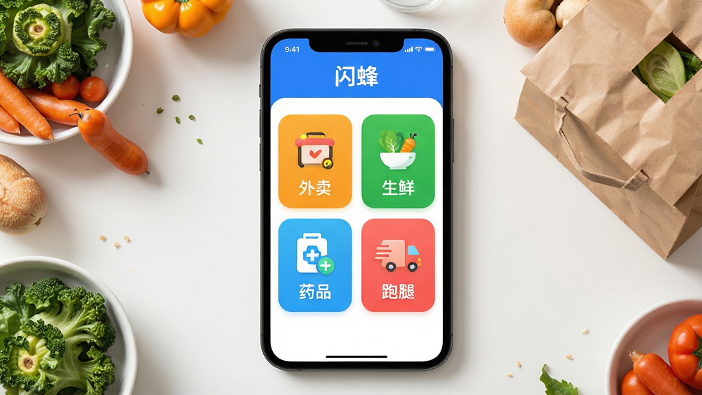 主体:闪蜂app的“一站式服务”功能页面,屏幕上分区域展示外卖、生鲜、药品、跑腿四个模块,每个模块有对应的小图标和短文字。布局:手机屏幕平放在桌面,周围摆放少量食材和外卖袋作为场景点缀。排版:四个模块以2x2网格排列,每个模块有圆角卡片背景。风格:写实与UI结合,色彩鲜艳,突出生活气息。细节:卡片上分别标注“外卖”、“生鲜”、“药品”、“跑腿”,屏幕顶部有“闪蜂”字样。画质:高分辨率,干净明亮,无多余元素。