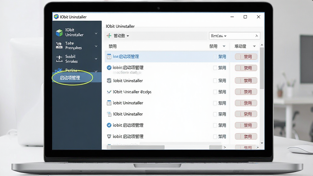 主体:笔记本电脑屏幕显示IObit Uninstaller正在运行,界面高亮显示“启动项管理”选项。布局:左侧功能栏,右侧展示启动项列表,有“禁用”按钮。排版:列表式布局。风格:干净商务风。细节:窗口标题栏有“IObit Uninstaller”字样。画质:高清,无杂质。