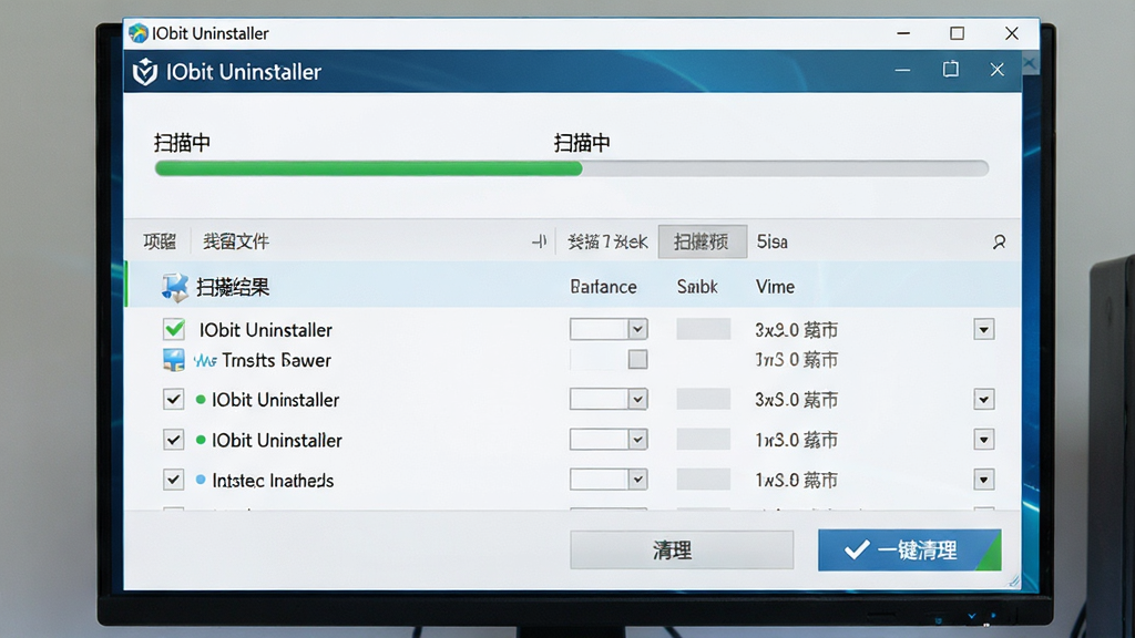 主体:电脑屏幕显示IObit Uninstaller正在扫描残留文件的界面,进度条显示“扫描中”,下方列出发现的项目。布局:扫描结果列表,每个项目前有复选框,底部有“一键清理”按钮。排版:列表视图,简洁清晰。风格:写实科技风格,界面明亮。细节:软件名称“IObit Uninstaller”出现在窗口标题栏,文字清晰。画质:高清,干净。