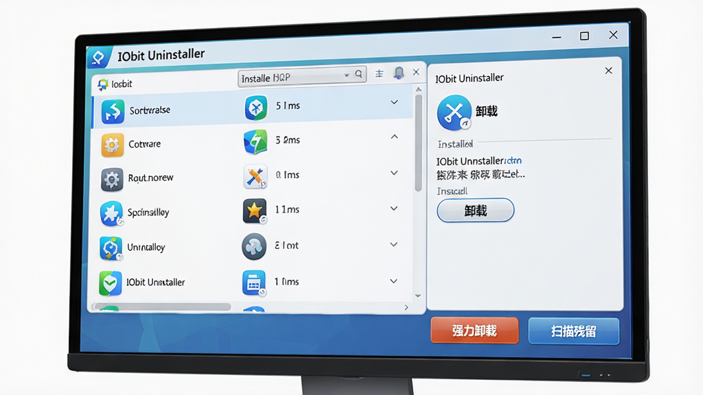 主体:IObit Uninstaller软件主界面展示在电脑屏幕上,界面清晰显示已安装软件列表与“卸载”按钮。布局:左侧软件图标与名称列表,右侧为详情面板,下方有“强力卸载”与“扫描残留”按钮。排版:界面简洁现代,图标排列整齐。风格:3D渲染风格,高清细节,科技感。细节:屏幕中展示软件名称“IObit Uninstaller”,按钮文字清晰可见。画质:8K超清,干净无多余元素。