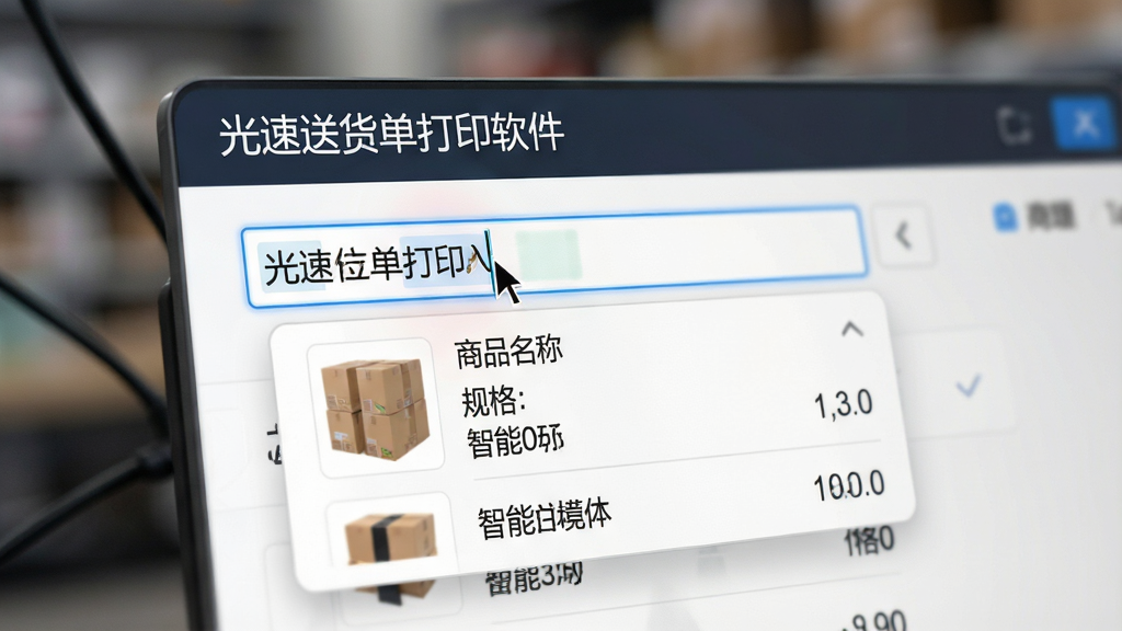 一张软件功能特写图,主体为“光速送货单打印软件”的自动联想输入界面,光标在商品名称栏闪烁,下方浮现出含有商品图片、规格及价格的智能下拉列表,界面字体清晰,背景虚化处理,突出智能匹配的便捷性,风格写实,细节丰富,画质高清干净