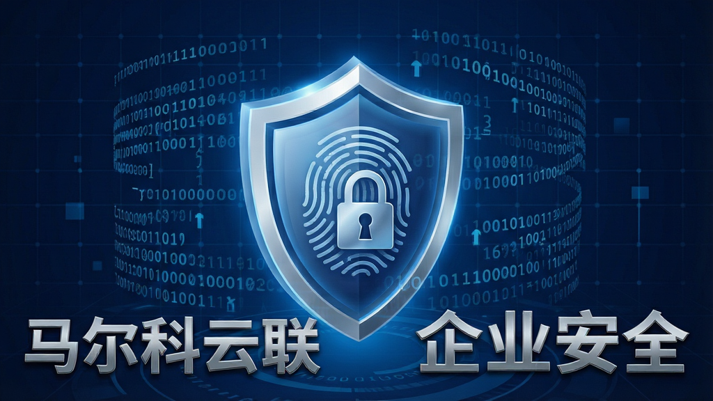 一幅表现马尔科云联安全防护功能的抽象插画,画面中央是一个发光的盾牌图标,盾牌表面有指纹和锁形纹理,周围环绕着数字代码与二进制字符,背景为深蓝色科技网格,整体色调深蓝与银色搭配,风格偏写实与科幻结合,布局紧凑,细节清晰,文字“马尔科云联”与“企业安全”以金属质感字体呈现,画质干净无多余元素
