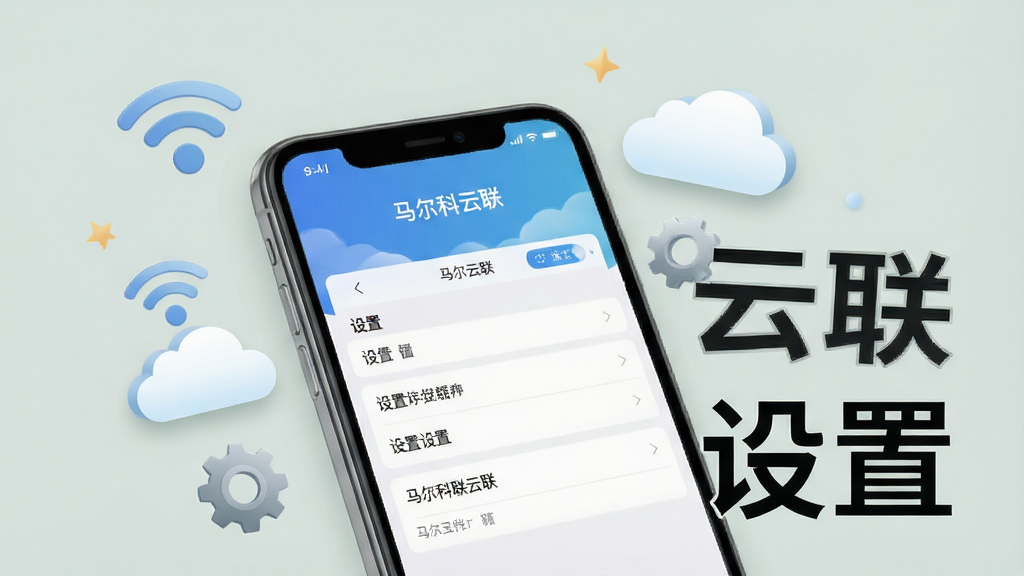一幅展示马尔科云联手机端使用步骤的截图插画,画面以一部大屏手机为主视觉,屏幕内显示应用主界面和设置选项,周围环绕着WiFi图标、云朵、齿轮等小元素,背景为柔和的浅灰绿色,风格写实,布局清晰,文字“马尔科云联”与“设置”以明显字体标注,画质干净无多余元素