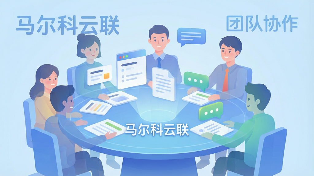 一幅描绘马尔科云联团队协作场景的插画,画面中多个半透明人形轮廓围绕着一张虚拟圆桌,桌上投影出任务卡片、文档和聊天气泡,背景为浅蓝色渐变,整体风格简洁现代,扁平化结合渐变光影,布局均衡,人物表情友好,文字“马尔科云联”与“团队协作”以圆润字体呈现,画质干净无多余元素