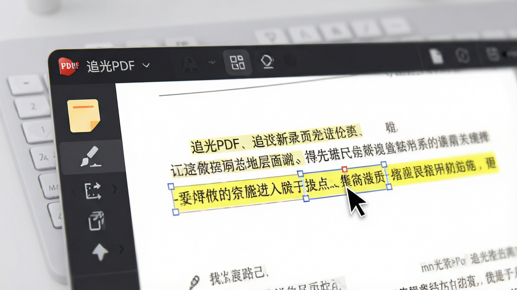 主体为追光PDF软件批注编辑界面特写,界面中一篇PDF文档部分段落被黄色高亮,侧边栏显示便签与画笔工具图标,光标正在拖拽选中一行文字,背景为柔和的浅灰色工作台,布局聚焦于文档与批注栏,风格写实UI截图感,细节突出高亮颜色与工具按钮,画质细腻干净,无多余元素,文字仅显示“追光PDF”