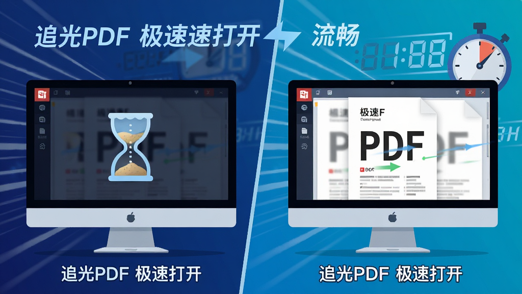 主体为追光PDF软件在电脑上快速打开大型PDF文档的对比画面,左侧显示传统阅读器加载缓慢的沙漏图标,右侧为追光PDF瞬间完成加载并展示清晰页面,背景为速度线条与计时器元素,布局左右对比式,风格科技感扁平插画,细节强调“极速”与“流畅”,画质干净,无多余元素,文字标注“追光PDF 极速打开”