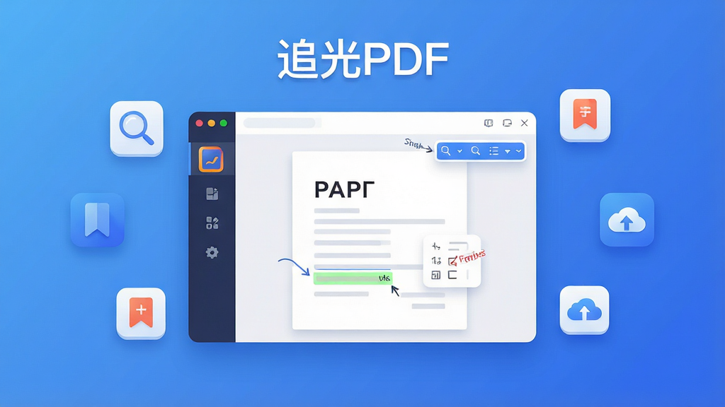 一幅现代扁平化风格的主视觉海报,主体为“追光PDF”软件界面悬浮于渐变蓝色背景之上,界面中展示打开的PDF文档与高亮批注工具,周围有放大镜、书签、云同步等小图标环绕,布局居中,排版清爽,细节包含柔和光影与圆角卡片设计,画质高清干净,无多余元素,文字部分仅显示“追光PDF”字样