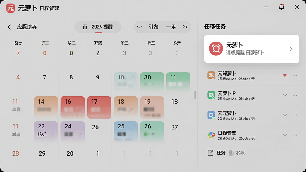 主体:元萝卜日程管理界面。布局:日历视图与任务列表并排展示,重点任务高亮。排版:信息层级清晰,日期导航明确。风格:商务简约风。细节:屏幕显示