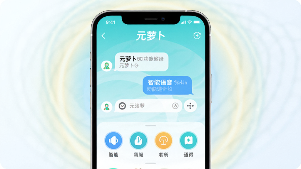 主体:元萝卜App界面,展示智能语音助手功能。布局:手机屏幕居中,界面显示对话气泡和功能图标。排版:清晰直观,功能图标排列整齐。风格:现代科技感,色彩明亮清新。细节:手机屏幕上显示