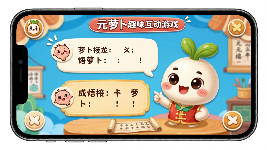 主体:元萝卜趣味互动游戏界面。布局:手机屏幕展示游戏对话,配有卡通表情。排版:活泼生动,色彩丰富。风格:卡通可爱风格。细节:界面出现