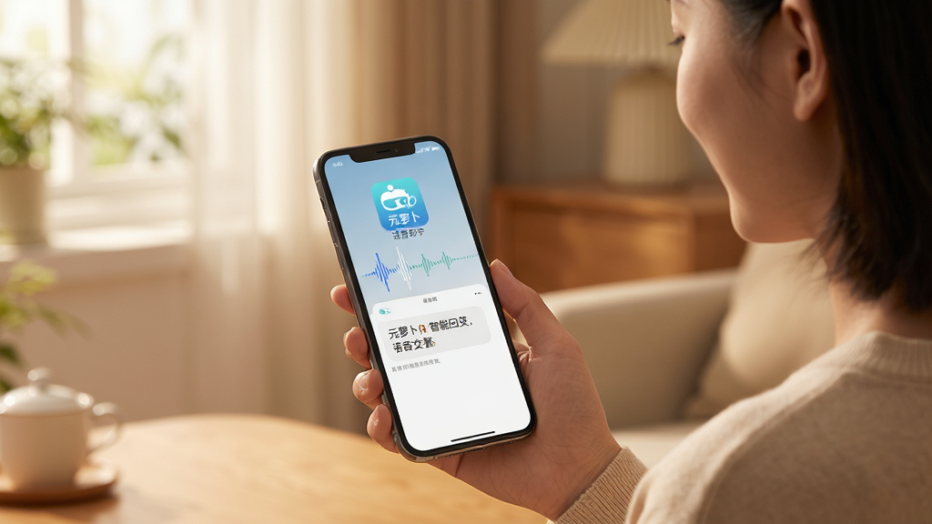 主体:展示元萝卜的语音交互功能。布局:用户对着手机说话,屏幕显示语音波形和文字回复。排版:简洁明了,突出语音输入和智能回复。风格:温馨生活化场景。细节:人物手持手机,界面显示