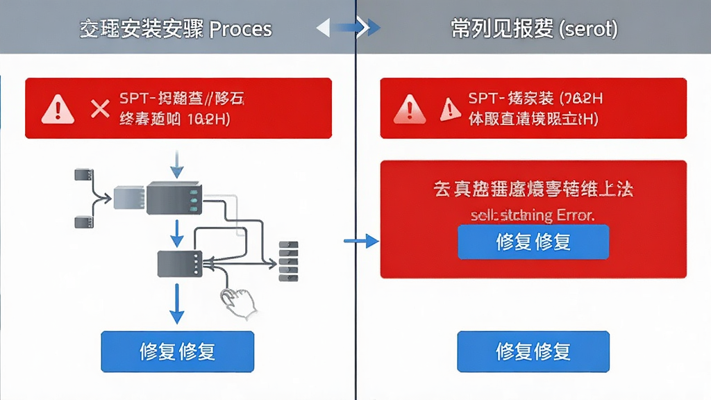 画面主体为软件安装过程与错误提示的对比示意图,布局左侧安装步骤右侧常见报错,风格实用,细节有红色警告框与蓝色修复按钮,画质清晰,干净无多余元素
