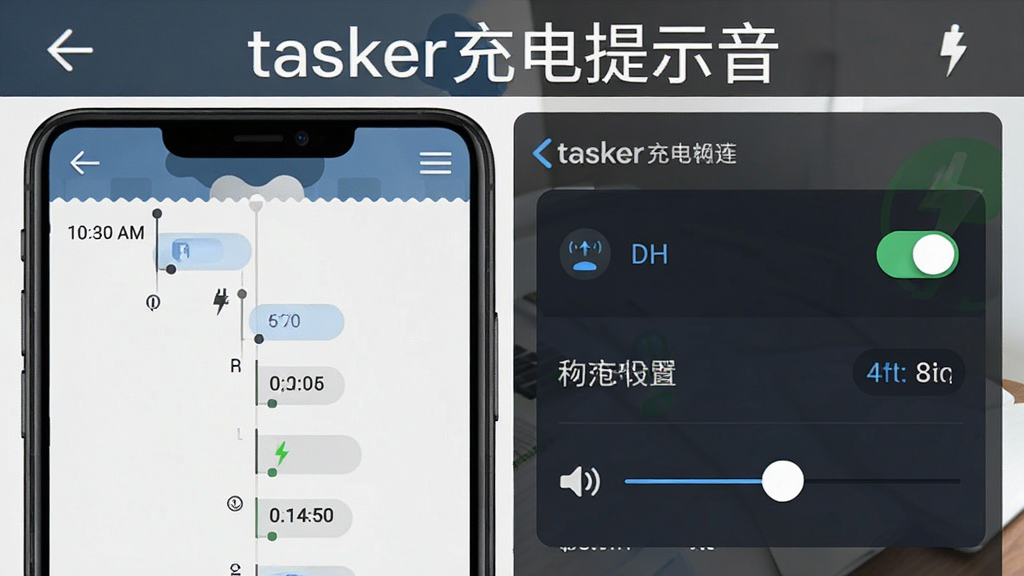 tasker充电提示音软件功能展示图,主体为手机屏幕上的时间轴与场景设置面板,布局左右分栏,排版规整,风格清爽,细节展示夜间模式开关与音量滑块,画质高清干净,屏幕顶部显示
