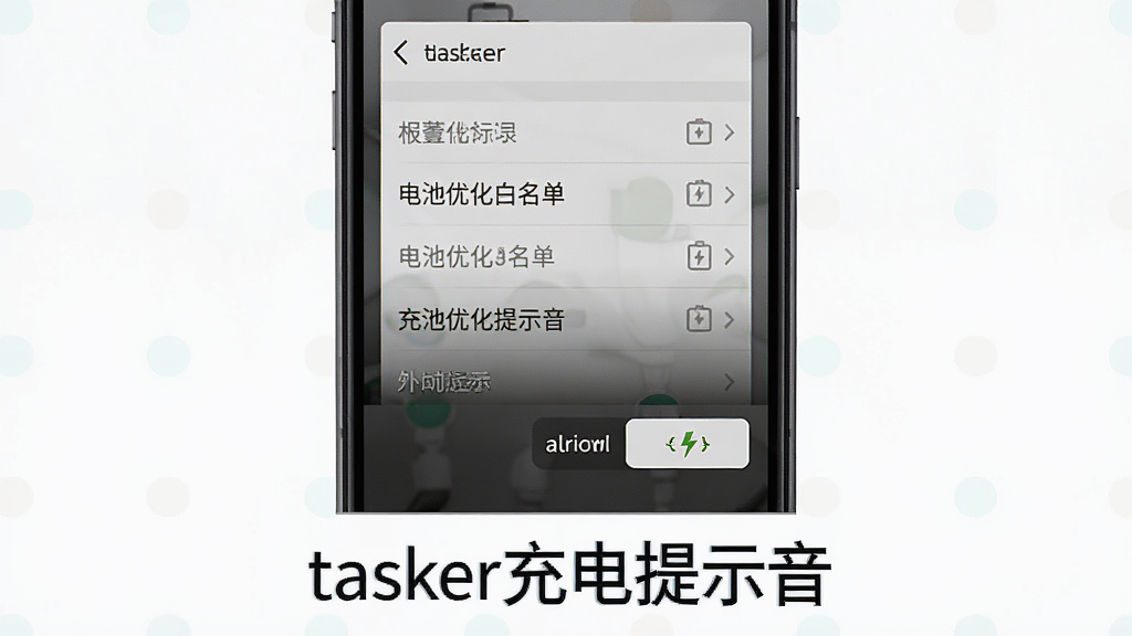 tasker充电提示音使用教程示意图,主体为手机屏幕展示权限设置页面,布局居中,排版清晰,风格简约,细节显示电池优化白名单列表与允许按钮,画质干净无多余元素,屏幕底部标注