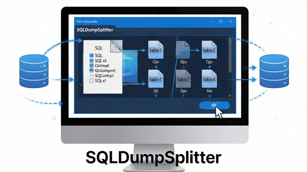 主体:一台电脑屏幕上显示SQLDumpSplitter软件界面,界面中有一个大SQL文件被分割成多个小文件块,旁边有数据库图标。布局:电脑居中,屏幕内容清晰可见,周围留白,下方有“SQLDumpSplitter”文字标识。排版:简洁直观,突出软件界面和文件拆分过程。风格:现代科技感,界面干净明亮,带有蓝色系色调。细节:文件块上标有“table1”“table2”等字样,光标点击拆分按钮。画质:4K超清,干净无多余元素。