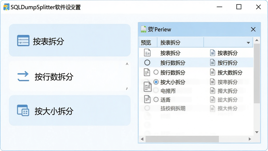 主体:SQLDumpSplitter软件设置界面,展示多种拆分选项,包括“按表拆分”“按行数拆分”“按大小拆分”等单选按钮。布局:界面居中,选项列表清晰排列,右侧有预览窗口。排版:层次分明,选项与预览区分离。风格:扁平化设计,配色以白色和浅蓝为主。细节:每个选项旁有图标,预览窗口显示拆分后的文件列表。画质:高分辨率,干净无多余元素。