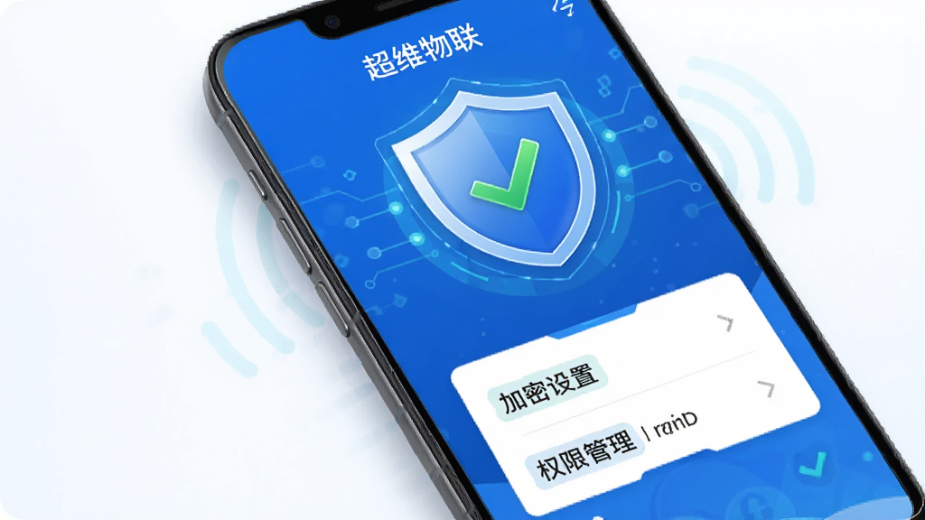 超维物联APP的安全中心界面,手机屏幕展示着加密设置和权限管理选项,背景有盾牌形状的安全图标和绿色对勾,象征着安全防护,画面设计采用蓝白科技色调,布局清晰,文字标签显示“超维物联”字样,风格专业,画质干净。