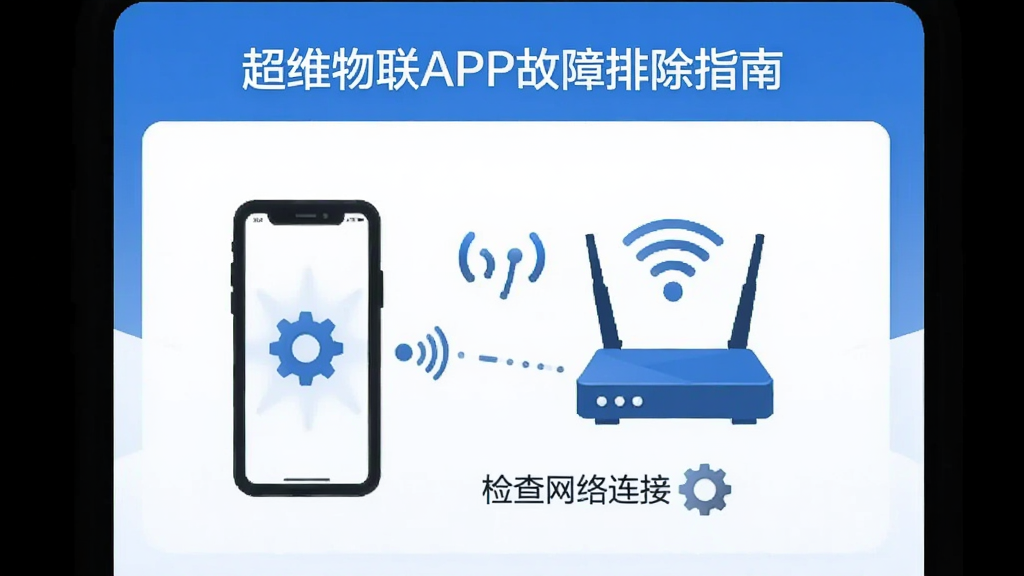 超维物联APP故障排除指南页面,配图展示手机连接Wi-Fi路由器的示意图,画面上有信号波动的图标和设置齿轮,整体色调以蓝色和白色为主,配有文字说明“检查网络连接”,风格简洁清晰,画质干净。