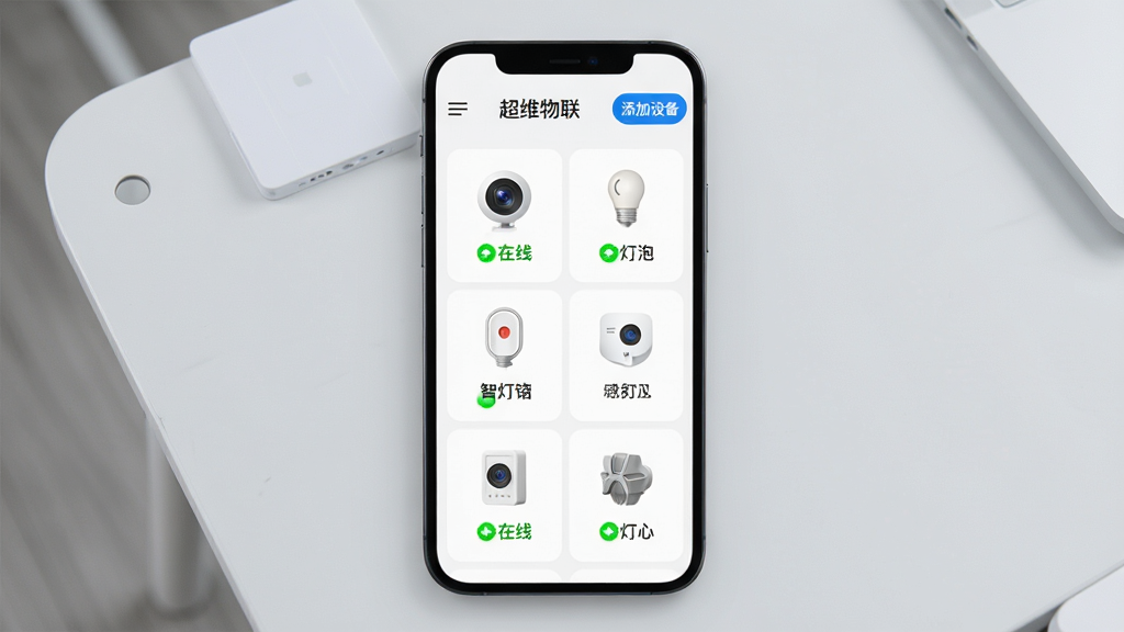 超维物联APP的设备列表管理页面,智能手机竖屏显示,列表上清晰排列着摄像头、智能灯泡、门窗传感器等多个设备图标,每个图标下方都有醒目的在线状态标识,页面顶部有“超维物联”字样和添加设备的蓝色按钮,背景是简洁的浅灰色桌面,整体风格清爽,画质高清。